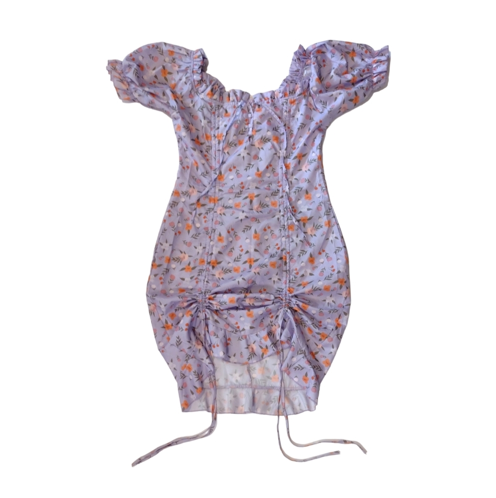 Chic Me Ditsy Floral Drawstring Ruched Puff Sleeve Dress
